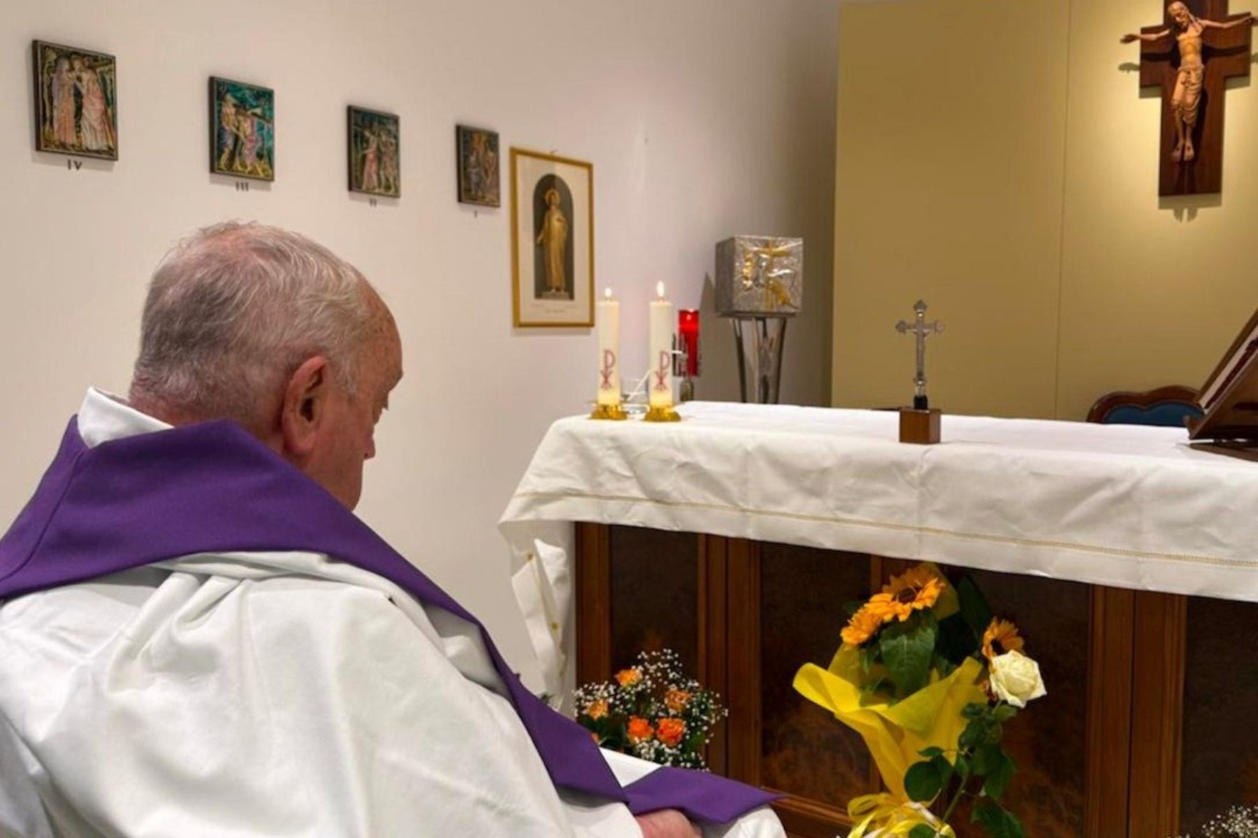 Pope Francis concelebrates Mass in the private chapel of Gemelli Hospital